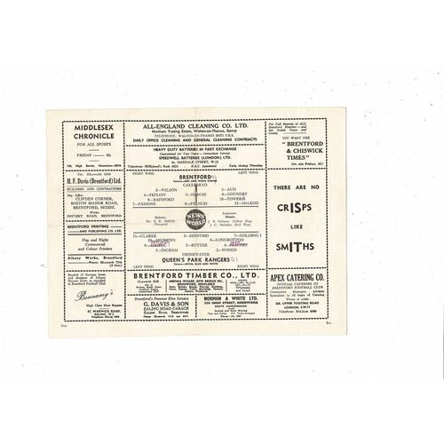 1959/60 Brentford v Queens Park Rangers Football Programme