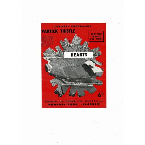 1958 Partick Thistle v Hearts Scottish League Cup Final Football Programme