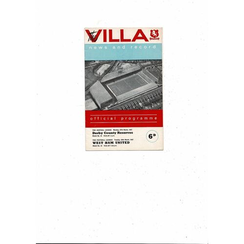 1966/67 Aston Villa v West Ham United & Derby County Reserves Double Football Programme