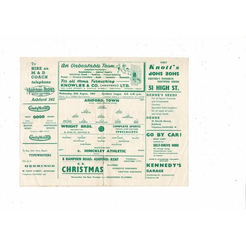 1964/65 Ashford Town v Hinckley Athletic Southern League Football Programme