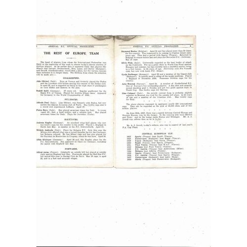 1938 England v Rest of Europe Football Programme @ Arsenal