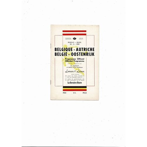 1959 Belgium v Austria International Friendly Football Programme