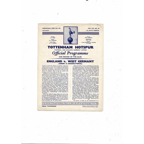 1961 England v West Germany U23 International Football Programme @ Spurs