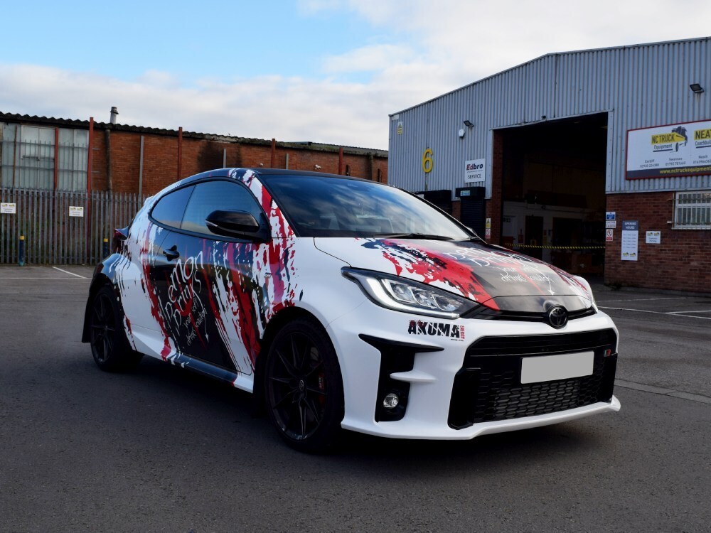 Motorsport wrap and graphics on a Toyota Yaris GR sports car