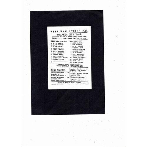 West Ham United v Swansea Southern Junior Floodlit Cup FootballProgramme 1979/80