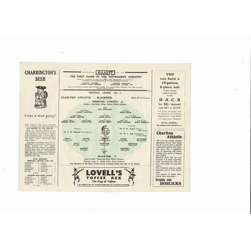 1952/53 Charlton Athletic v Blackpool Football Programme