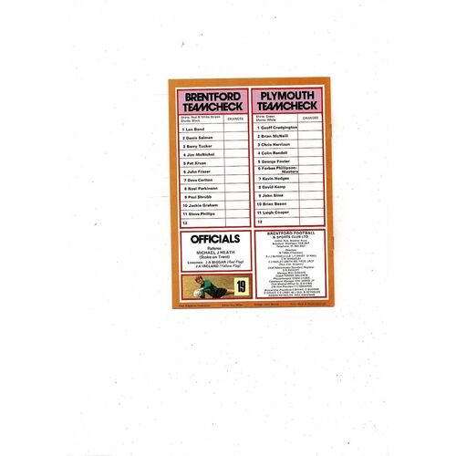 1979/80 Brentford v Plymouth Argyle Football Programme