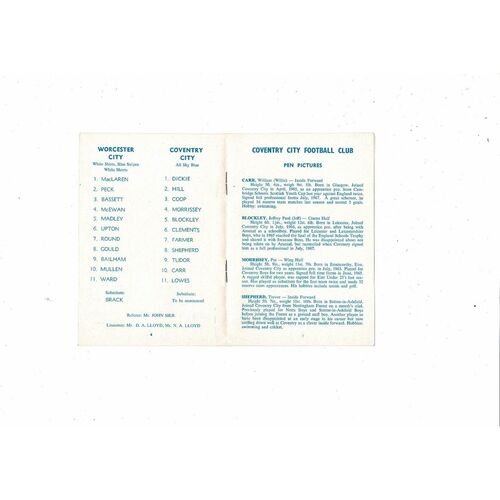 Worcester City v Coventry City Friendly Football Programme 1967/68