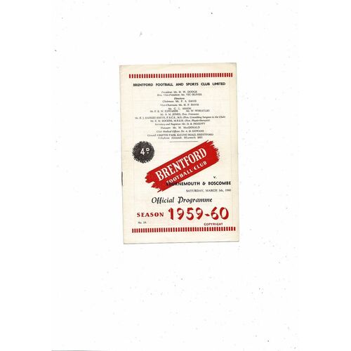 1959/60 Brentford v Bournemouth Football Programme