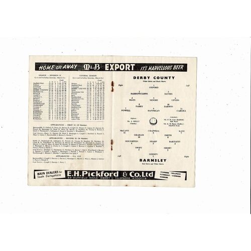 1958/59 Derby County v Barnsley Football Programme