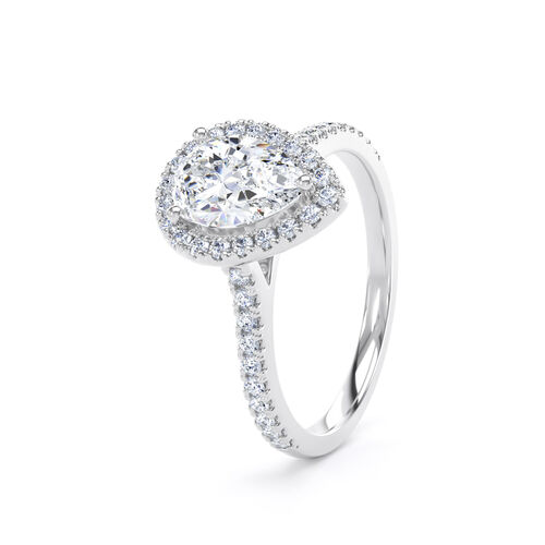 Pear shape halo with diamond set shoulders and hidden diamond detail