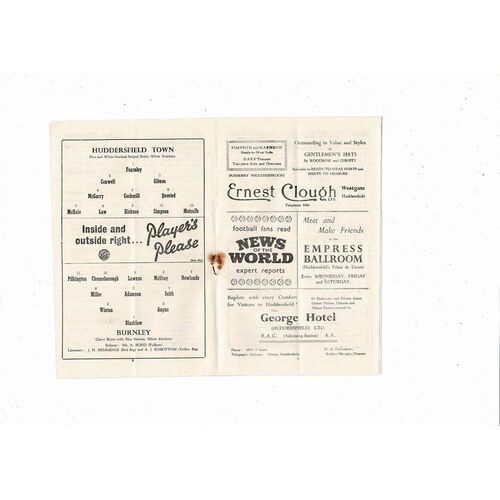1956/57 Huddersfield Town v Burnley FA Cup Football Programme