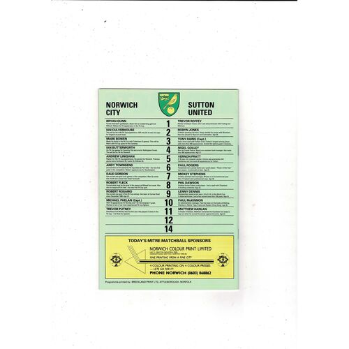 Norwich City v Sutton United FA Cup Football Programme 1988/89