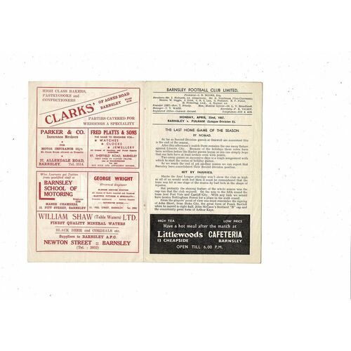 1956/57 Barnsley v Fulham Football Programme