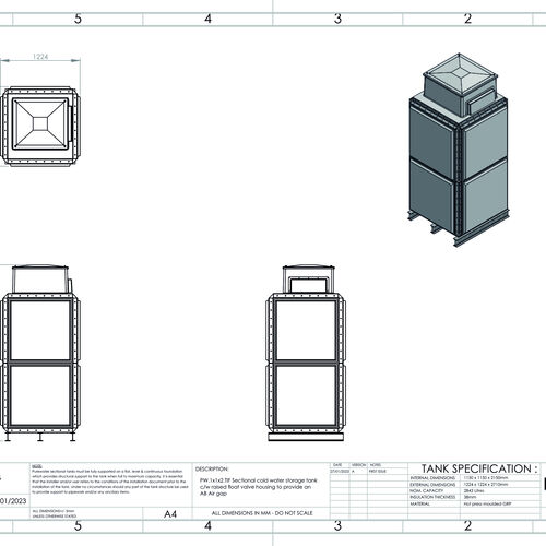 PW.1X1X2.TIF.AB - 2843 LITRE SECTIONAL WATER TANK, INTERNALLY FLANGED BASE (IFB) C/W FVH