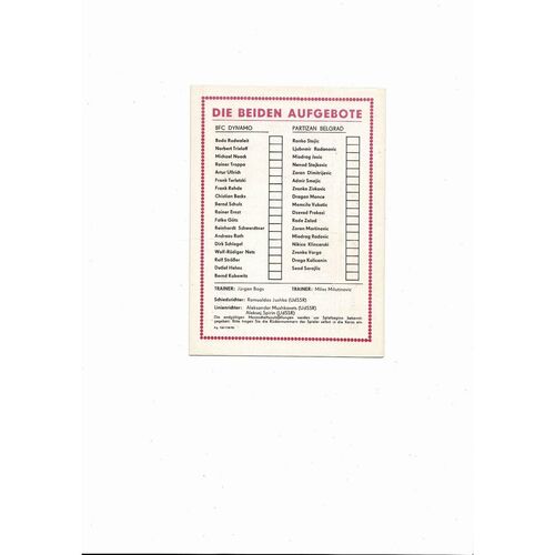 Dynamo Berlin v Partizan Belgrade European Cup Football Programme 1983/84