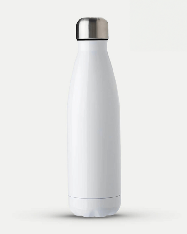 White stainless steel insulated water bottle with silver lid, promoting reusable eco-friendly hydration on neutral backdrop.