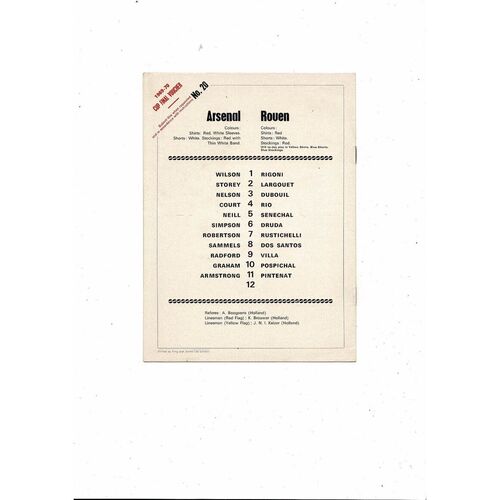 Arsenal v Rouen UEFA Fairs Cup Football Programme 1969/70