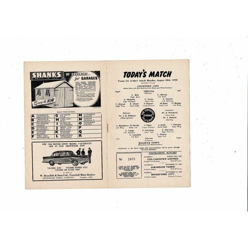 1959/60 Coventry City v Halifax Town Football Programme