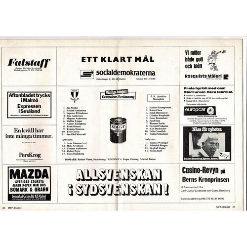 1978/79 Malmo v Austria Memphis European Cup Semi Final Football Programme