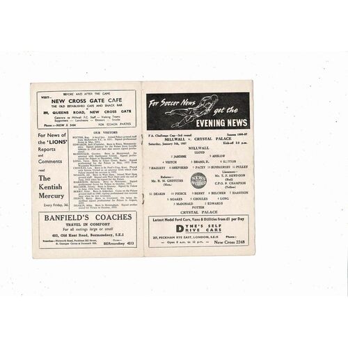 1956/57 Millwall v Crystal Palace FA Cup Football Programme