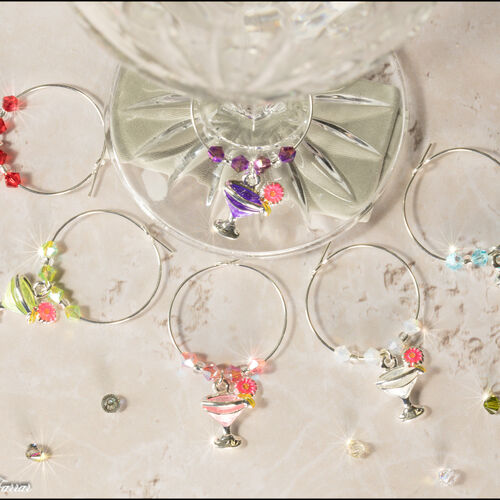 Set  6 Colourful Enamel Cocktail Wine Glass Charms with Preciosa Crystal