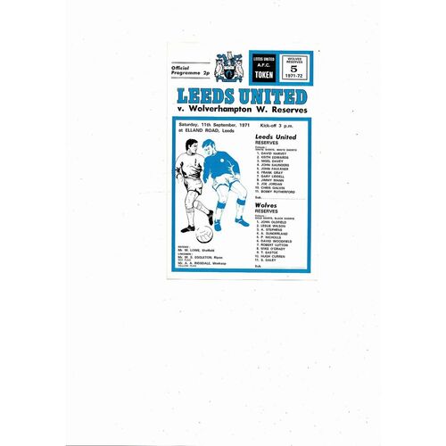 Leeds United v Wolves Central League Football Programme 1971/72