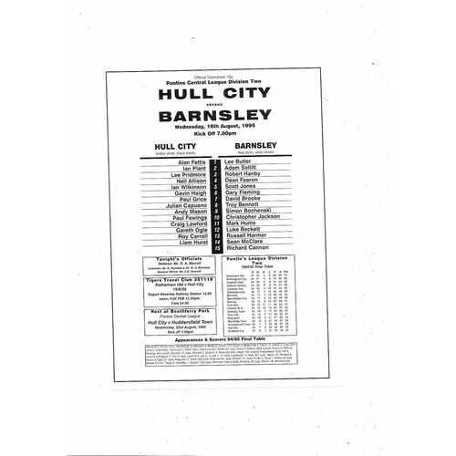 Hull City v Barnsley Pontins League Football Programme 1995/96