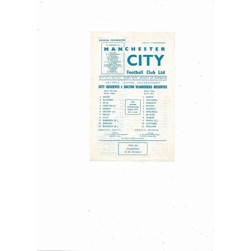 Manchester City v Bolton Wanderers Central League Football Programme 1967/68