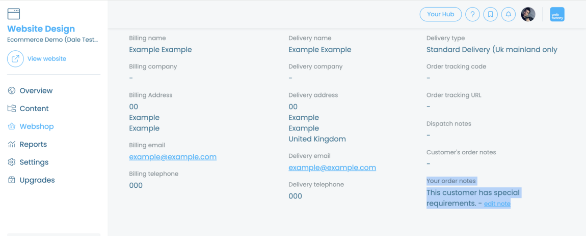 Screenshot showing the internal Webshop note feature in Webfactory's Website Editor