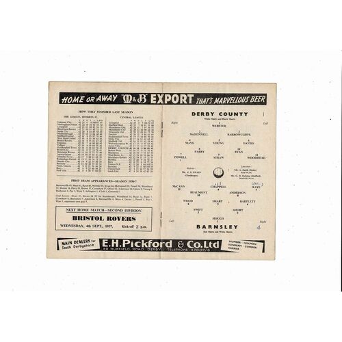 1957/58 Derby County v Barnsley Football Programme