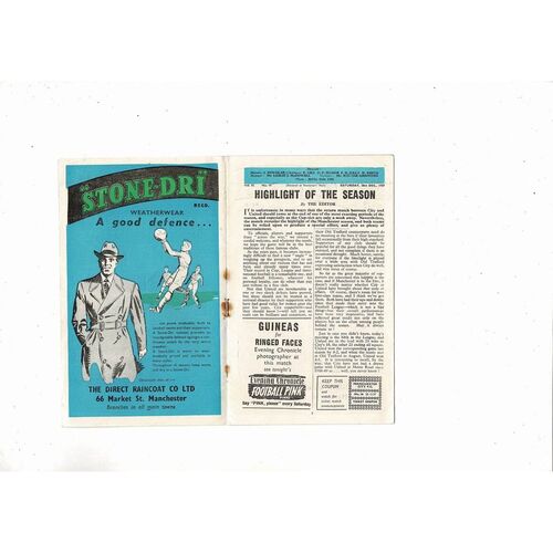 1957/58 Manchester City v Manchester United Football Programme + Insert