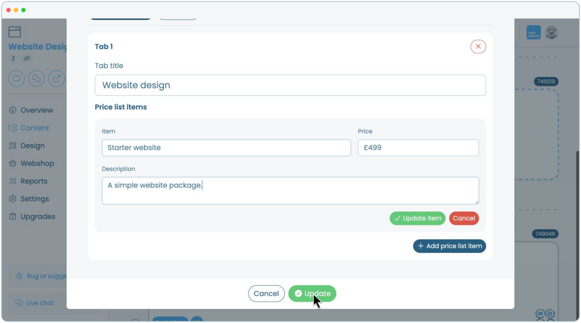 How to add a tabbed price list to a website page | Webfactory Support | Webfactory