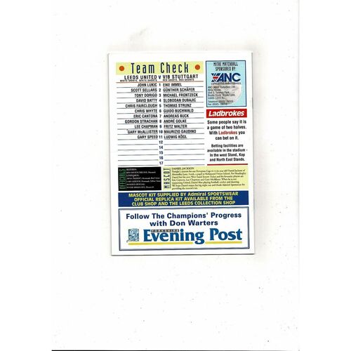 Leeds United V VfB Stuttgart European Champions Cup Football Programme 1992/93