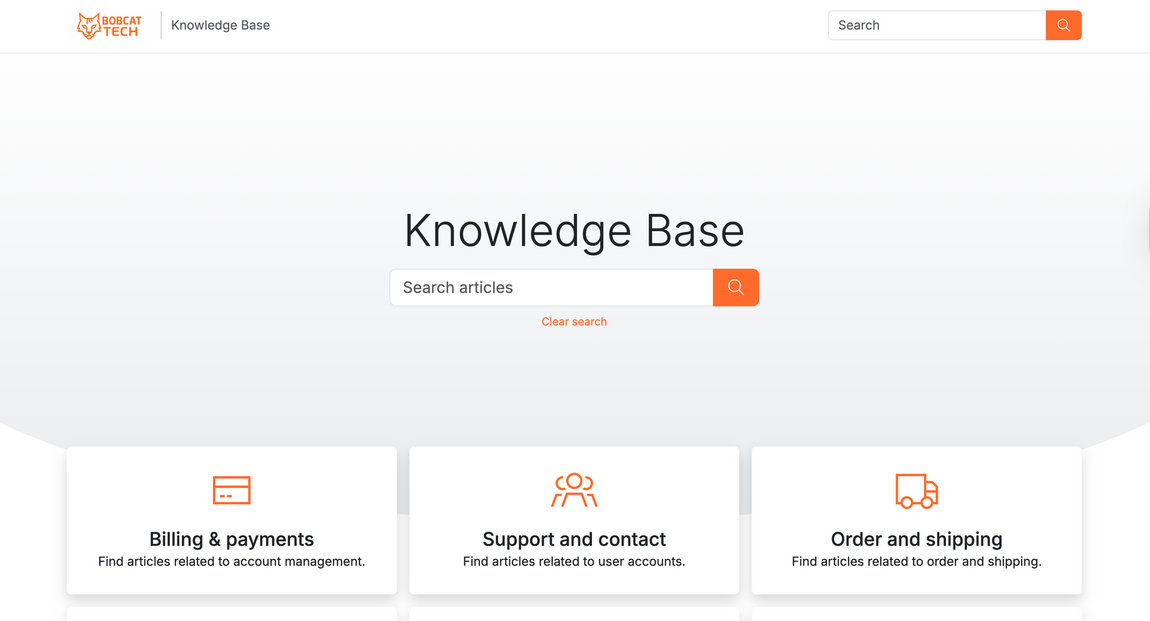 Knowledgebase website for bobcat tech in orange and white showing a search bar to search knowledge base articles.