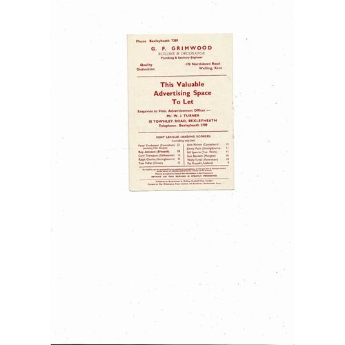 1956/57 Bexleyheath & Welling v Betteshanger Kent League Football Programme