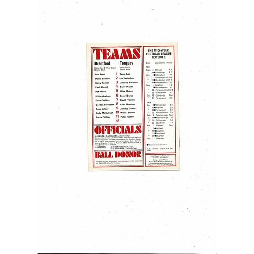 1977/78 Brentford v Torquay United Football Programme