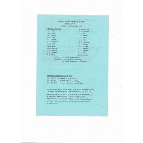Sheffield Wednesday v Manchester City Central League Football Programme 1981/82