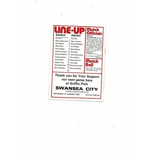 1974/75 Brentford v Aldershot League Cup Football Programme