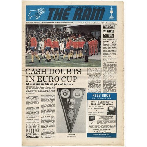 Derby County v Spartak Trnava European Cup Football Programme 1972/73