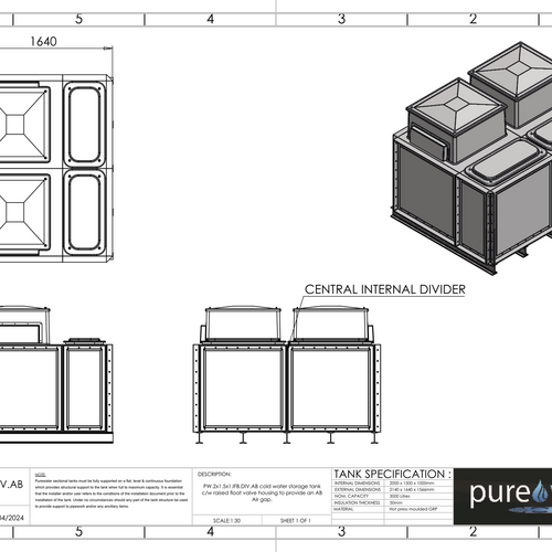 PW.2X1.5X1.IFB.DIV.AB(1+1) - 3000 LITRE DIVIDED SECTIONAL WATER TANK, INTERNALLY FLANGED BASE (IFB) C/W FVH