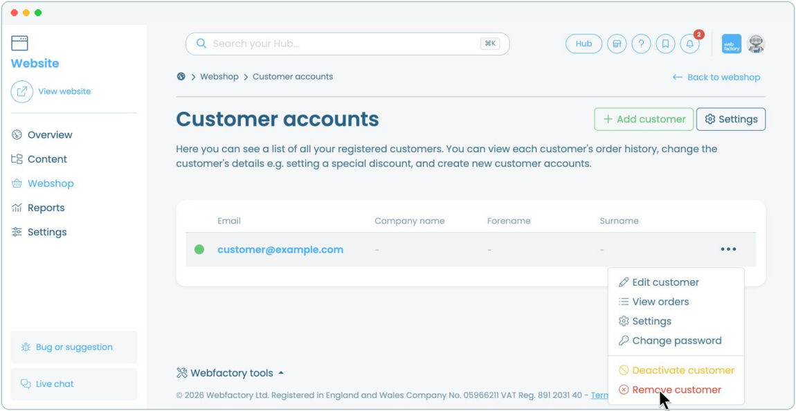 How to deactivate or remove a Webshop customer account | Webfactory Support | Webfactory