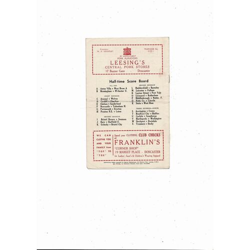1956/57 Doncaster Rovers v Blackburn Rovers Football Programme