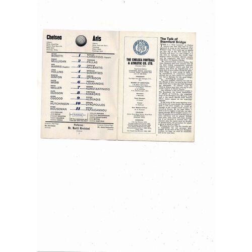 Chelsea v Aris Salonika European Cup Winners Cup Football Programme 1970/71 Autographed