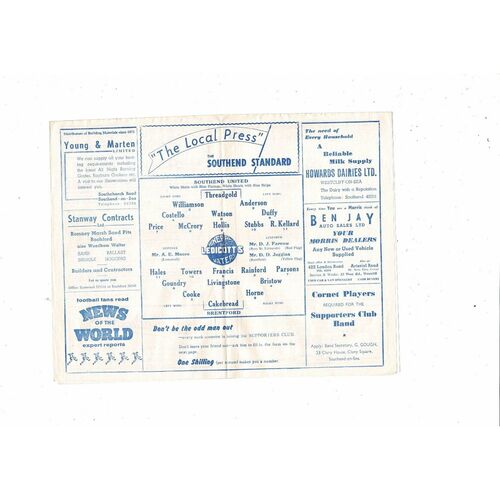 1959/60 Southend United v Brentford Football Programme