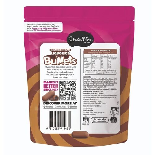 Darrell Lea Milk Chocolate Raspberry Liquorice Bullets 204g