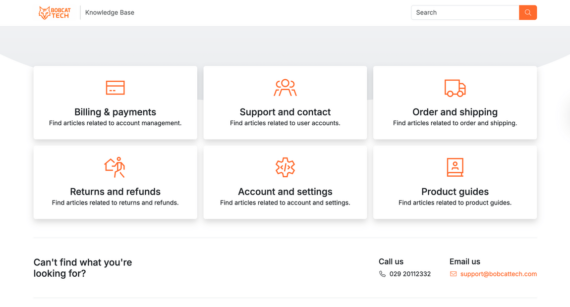 Knowledgebase website showing clear topic categories