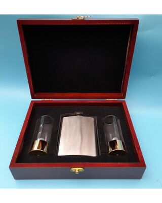 Wooden Gift boxed 7oz Brushed flask & gold plated shot glasses
