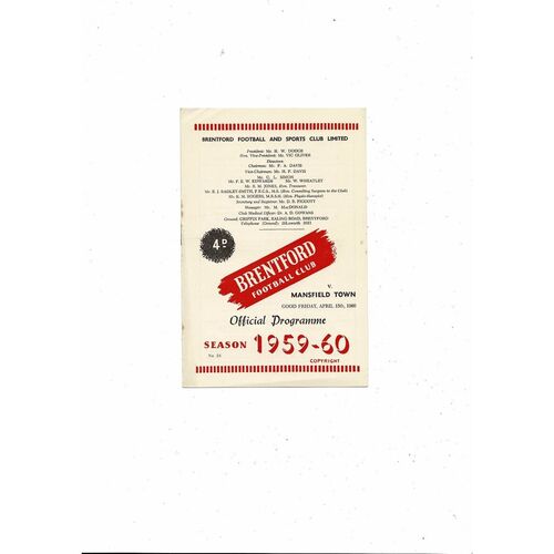 1959/60 Brentford v Mansfield Town Football Programme