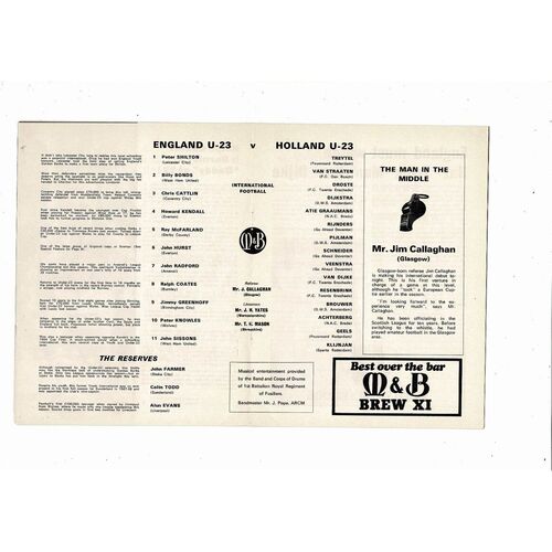 1968 England v Holland U23 International Football Programme @ Birmingham City